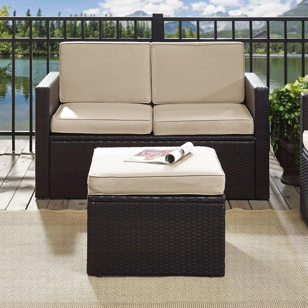 Brown Wicker Outdoor Ottoman Sand Cushions