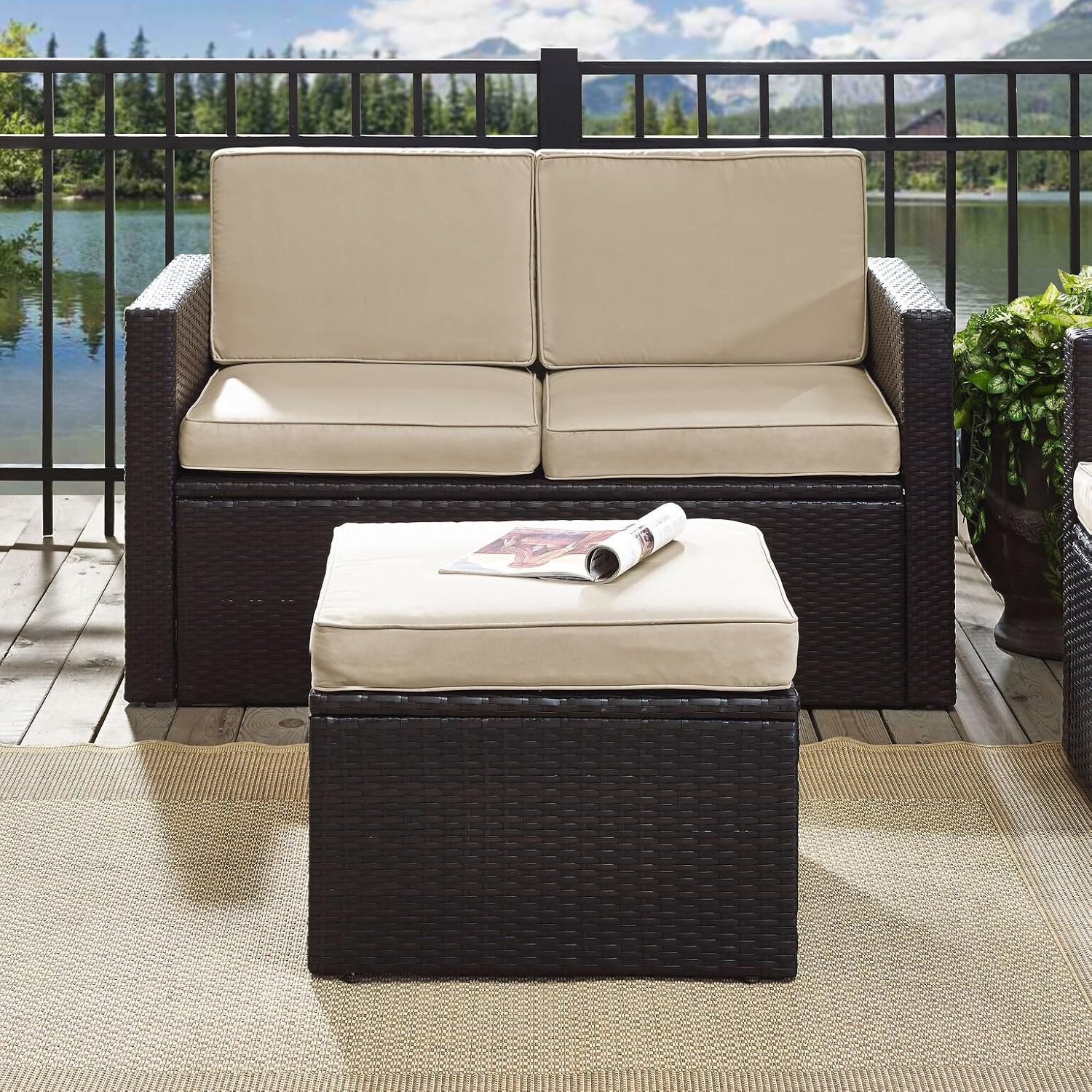 Brown Wicker Outdoor Ottoman Sand Cushions