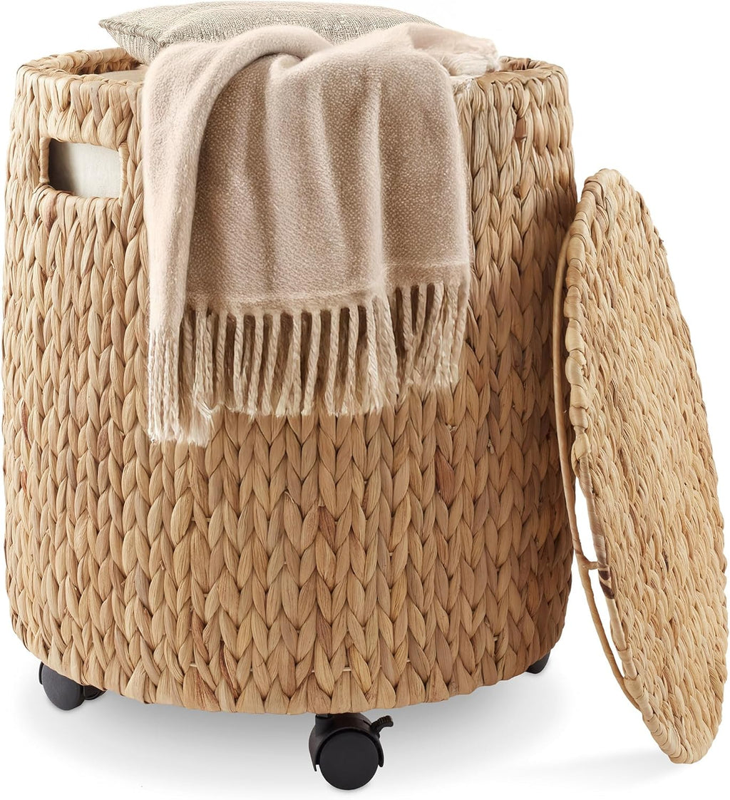 Natural Wheeled Round Water Hyacinth Storage Basket