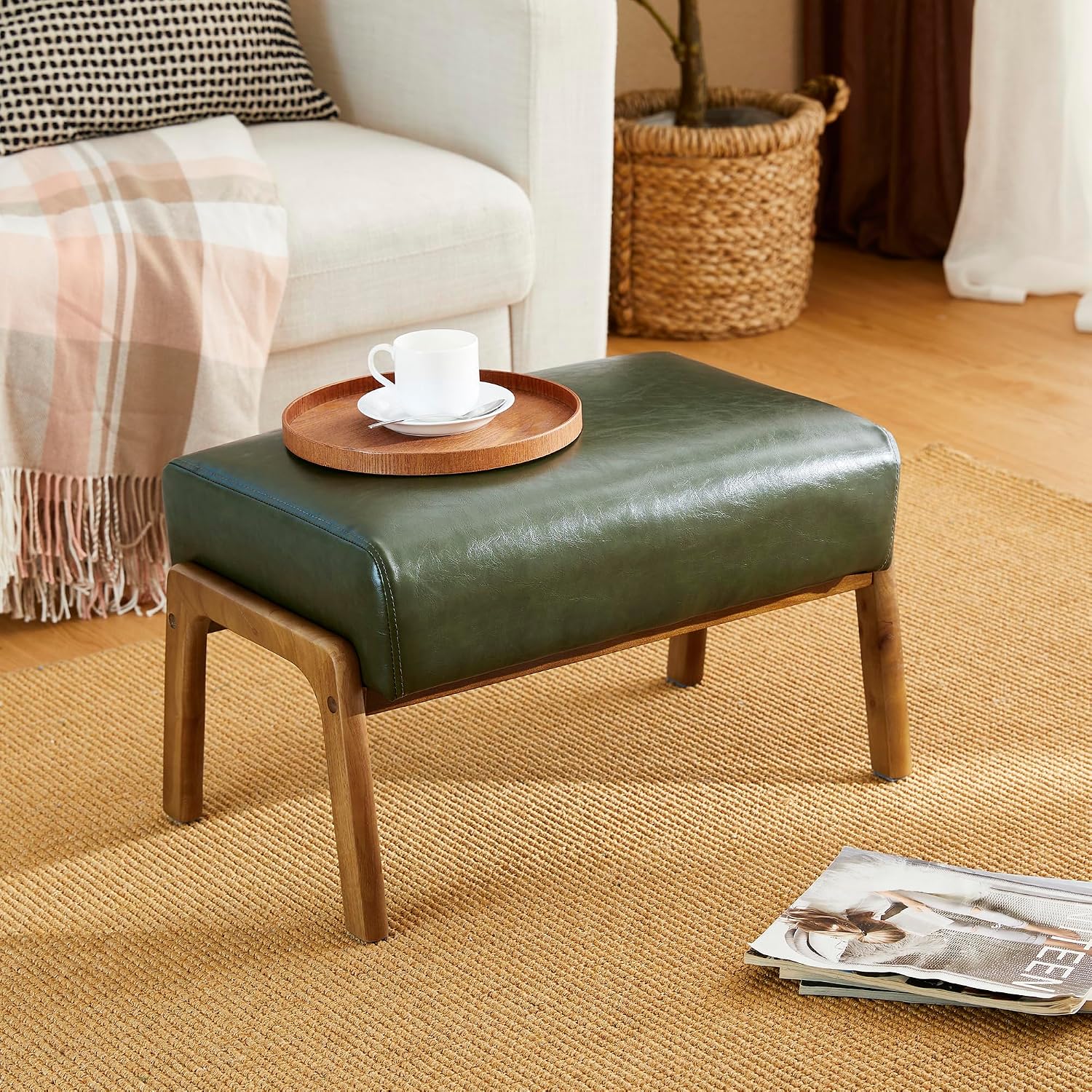 Hunter Green Leatherette Wooden Frame Footrest Ottoman Bench