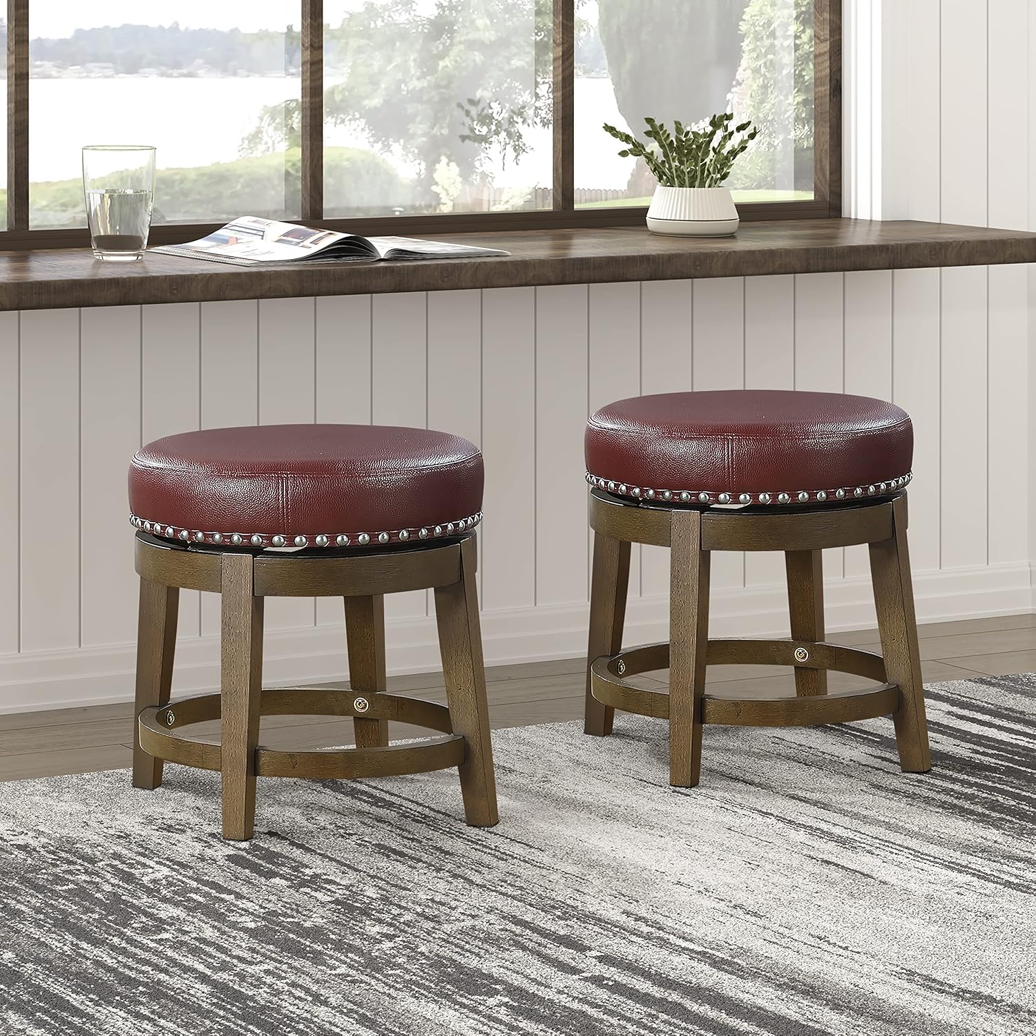 Red Faux Leather Wood Swivel Counter Stools Set