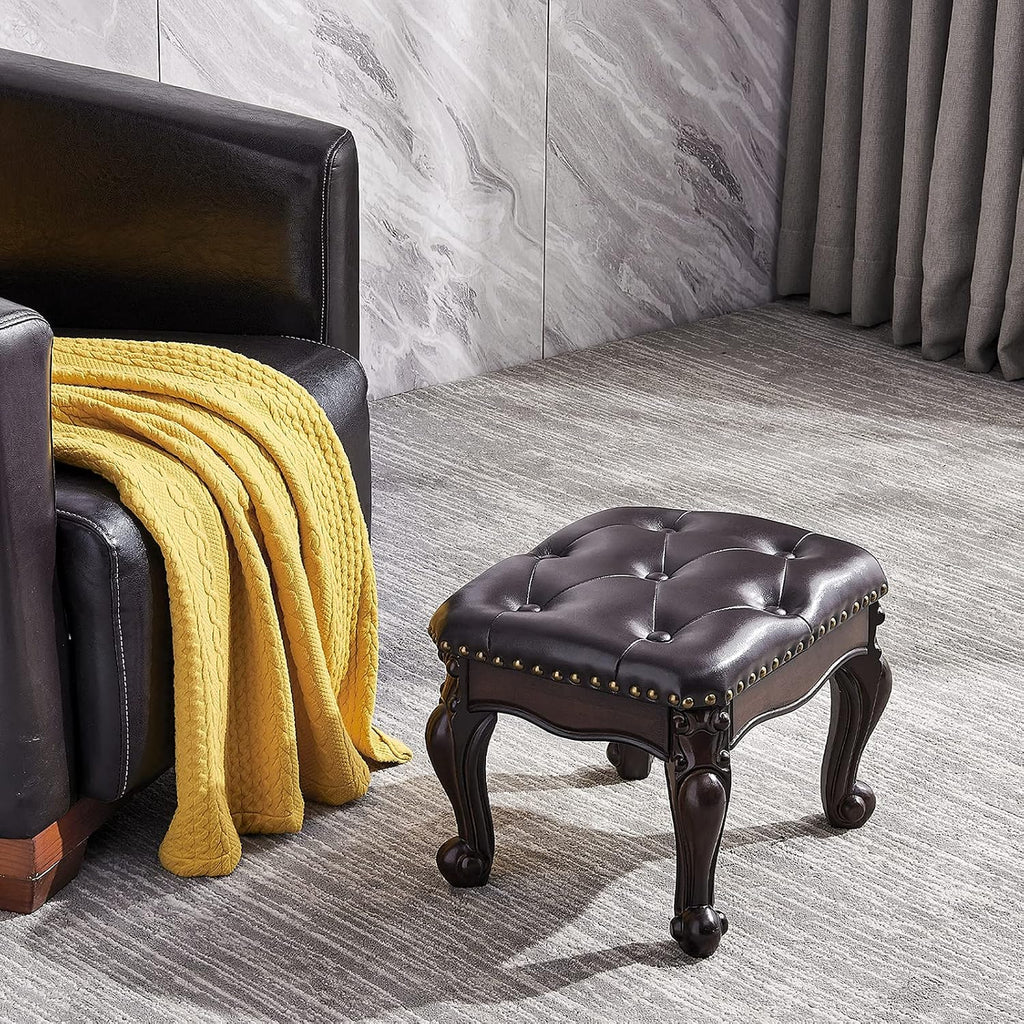 Dark Brown Microfiber Leather Wood Ottoman Footrest