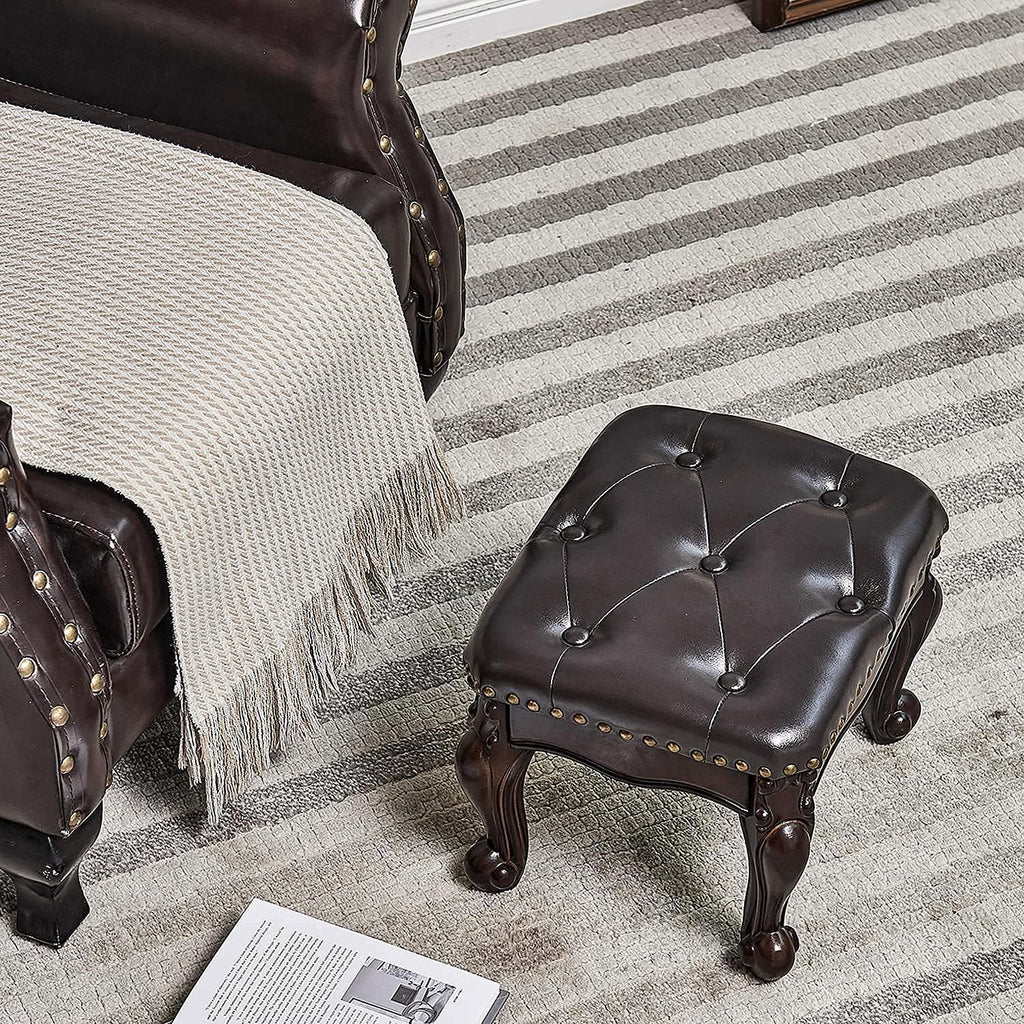 Dark Brown Microfiber Leather Wood Ottoman Footrest