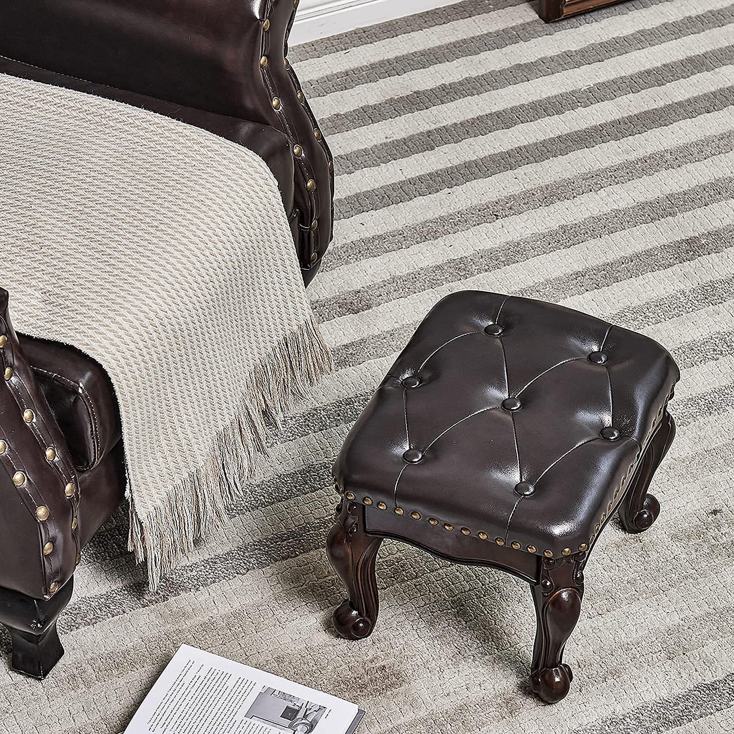 Dark Brown Microfiber Leather Wood Ottoman Footrest