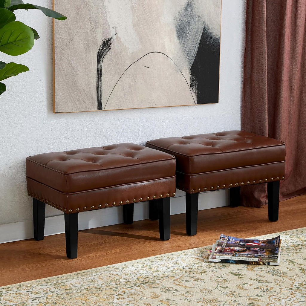 Vintage Tufted Faux Leather Square Ottoman Stools