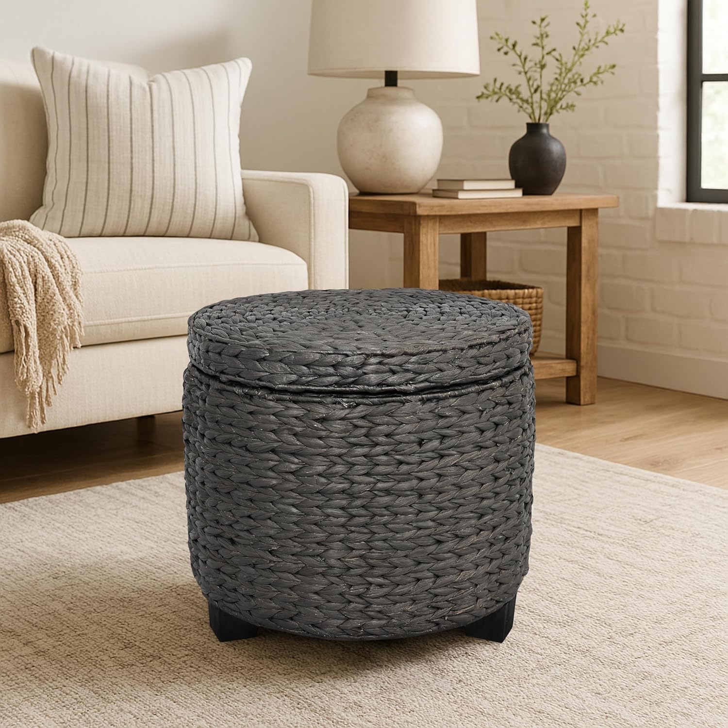 Black Water Hyacinth Storage Ottoman With Lid