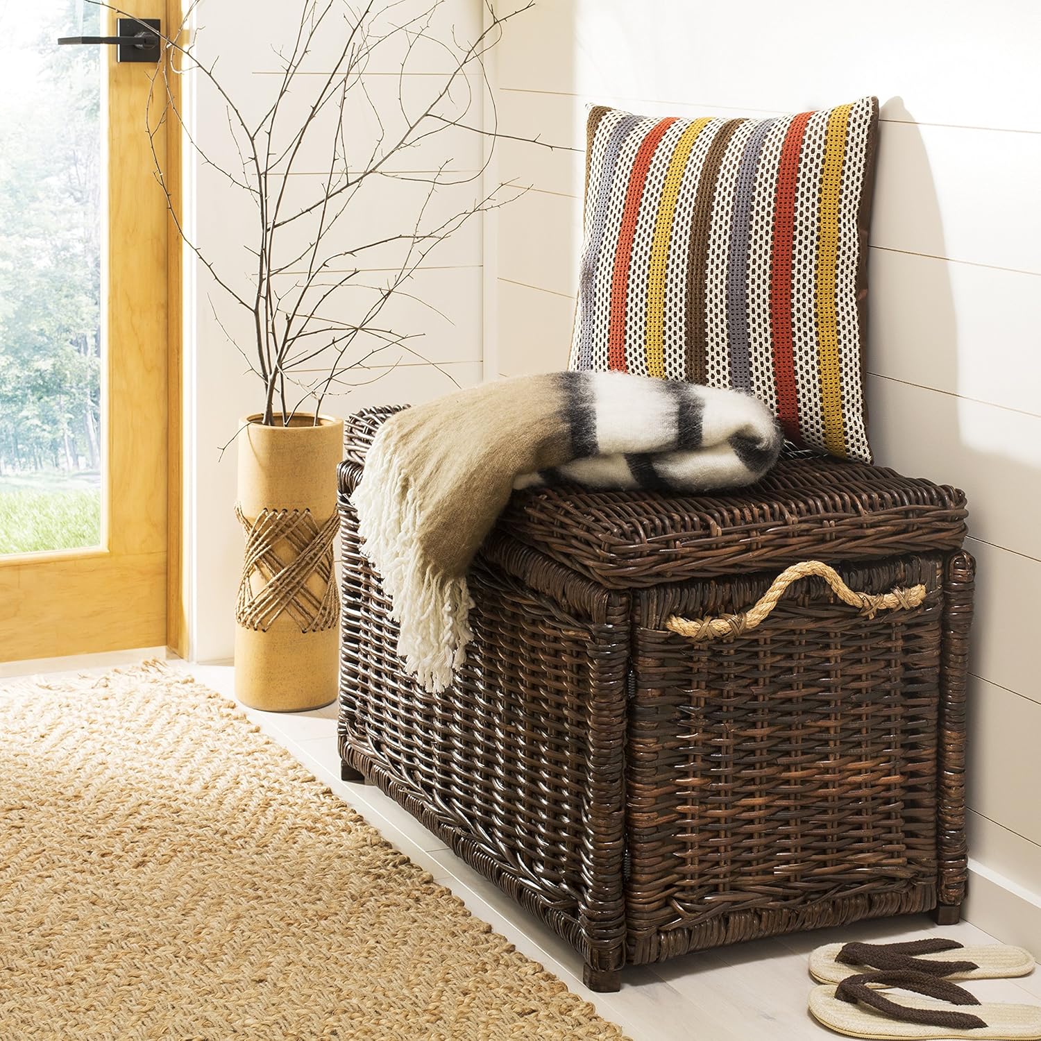 Collapsible Rattan Coastal Storage Trunk Brown
